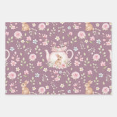 Whimsical Bunny Teapot Spring Floral Pattern ラッピングペーパーシート (正面)