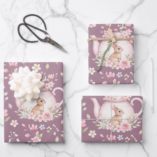 Whimsical Bunny Teapot Spring Floral Pattern ラッピングペーパーシート (正面)
