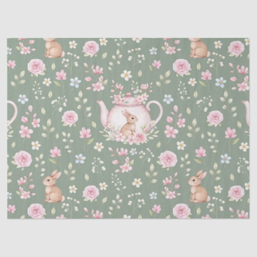 Whimsical Bunny Teapot Spring Floral Pattern 薄葉紙 (正面)