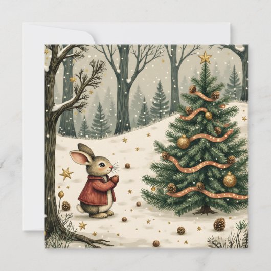 Whimsical Bunny with Christmas Tree in Forest Flat シーズンカード (正面)