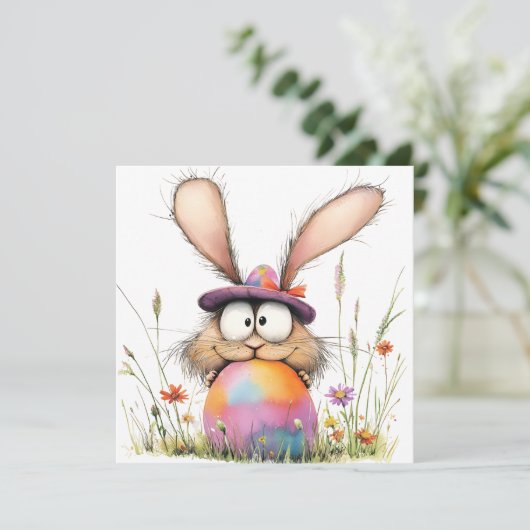 Whimsical Bunny with Decorated Egg Easter Greeting カード (スタンド正面)
