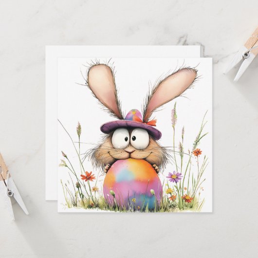 Whimsical Bunny with Decorated Egg Easter Greeting カード (正面/裏面インサイチュ)