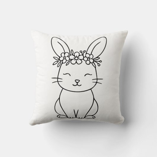 Whimsical Bunny with Floral Crown Line Art  クッション (裏面)