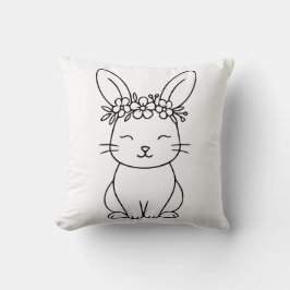 Whimsical Bunny with Floral Crown Line Art  クッション