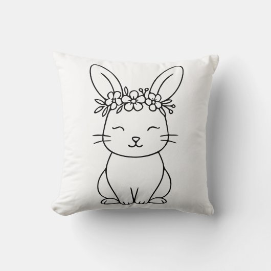 Whimsical Bunny with Floral Crown Line Art クッション (正面)