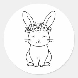 Whimsical Bunny with Floral Crown Line Art  ラウンドシール