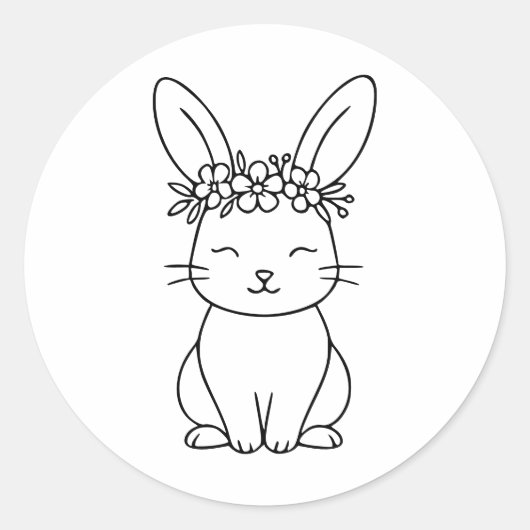 Whimsical Bunny with Floral Crown Line Art ラウンドシール (正面)