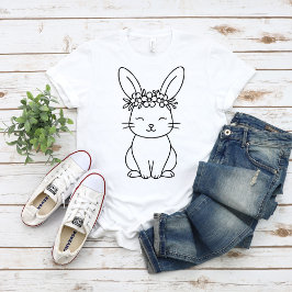 Whimsical Bunny with Floral Crown Line Art  Tシャツ
