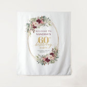 Whimsical Burgundy Gold Greenery 60th Birthday タペストリー (正面)