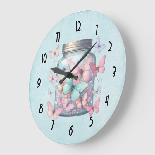 Whimsical Butterflies in a Jar ラージ壁時計 (傾斜)