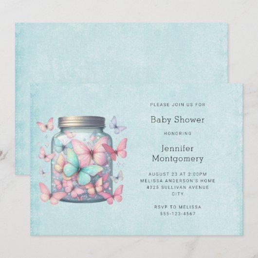 Whimsical Butterflies in a Jar Baby Shower 招待状 (正面/裏面)