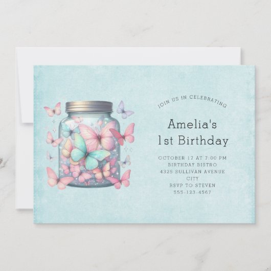 Whimsical Butterflies in a Jar Birthday 招待状 (正面)