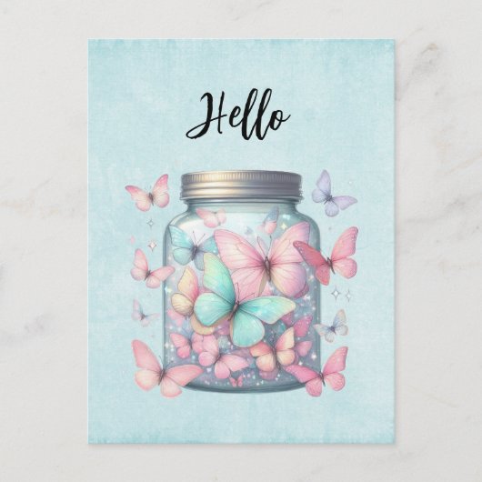Whimsical Butterflies in a Jar Hello ポストカード (正面)