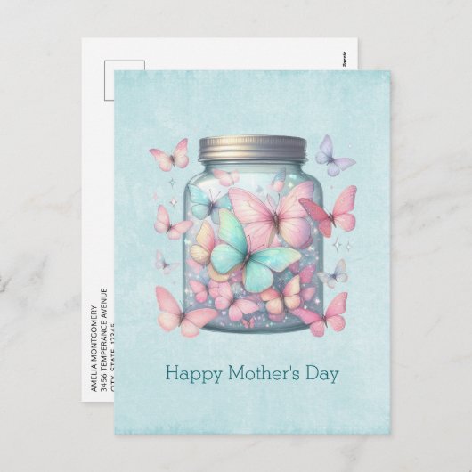 Whimsical Butterflies in a Jar Mother's Day シーズンポストカード (正面/裏面)