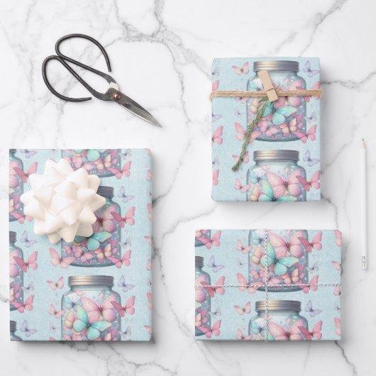  Whimsical Butterflies in a Jar Pattern ラッピングペーパーシート (正面)