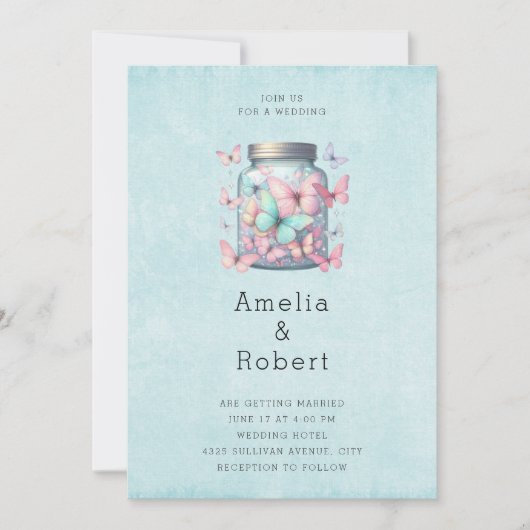 Whimsical Butterflies in a Jar Wedding 招待状 (正面)