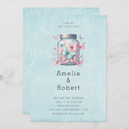 Whimsical Butterflies in a Jar Wedding 招待状 (正面/裏面)