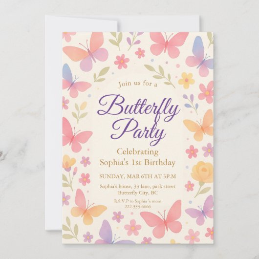 Whimsical Butterfly 1st Birthday Party 招待状 (正面)