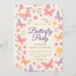 Whimsical Butterfly 1st Birthday Party 招待状