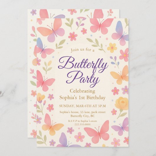 Whimsical Butterfly 1st Birthday Party 招待状 (正面/裏面)