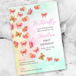 Whimsical Butterfly Baby Girl 1st Birthday Invite 招待状