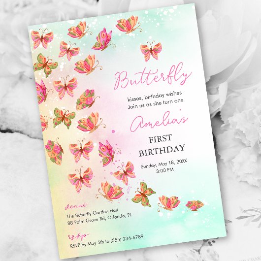 Whimsical Butterfly Baby Girl 1st Birthday Invite 招待状