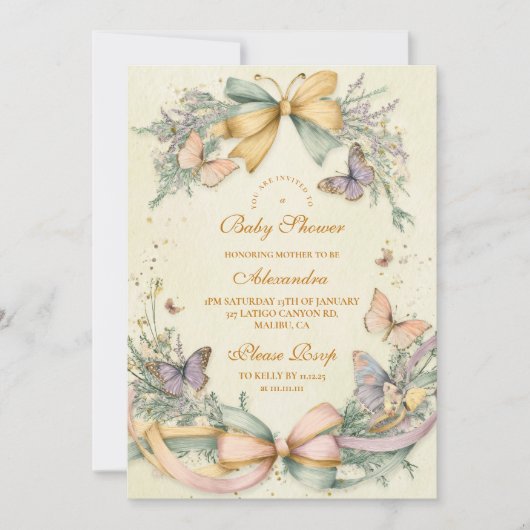 Whimsical Butterfly Bow Baby Shower 招待状 (正面)