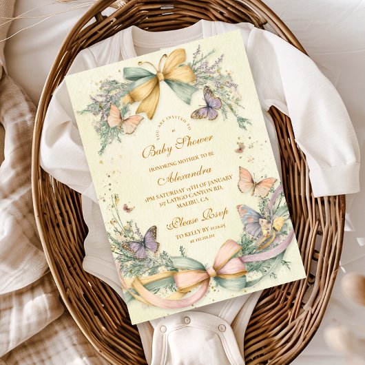 Whimsical Butterfly Bow Baby Shower 招待状