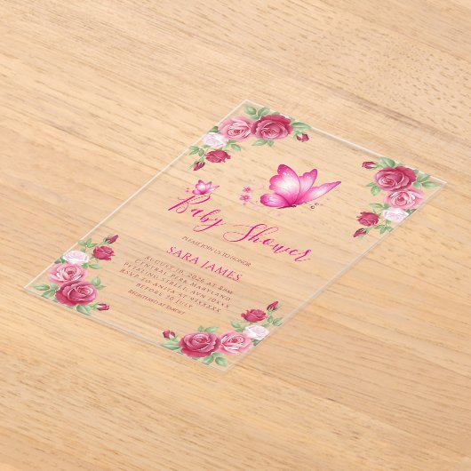 Whimsical Butterfly & Rose Baby Shower アクリル招待状 (レイダウン)