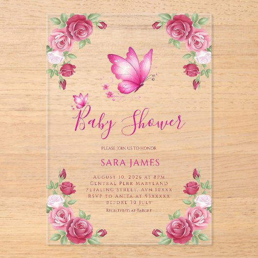 Whimsical Butterfly & Rose Baby Shower アクリル招待状 (正面)