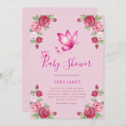 Whimsical Butterfly & Rose Baby Shower Invitation 招待状 (正面/裏面)