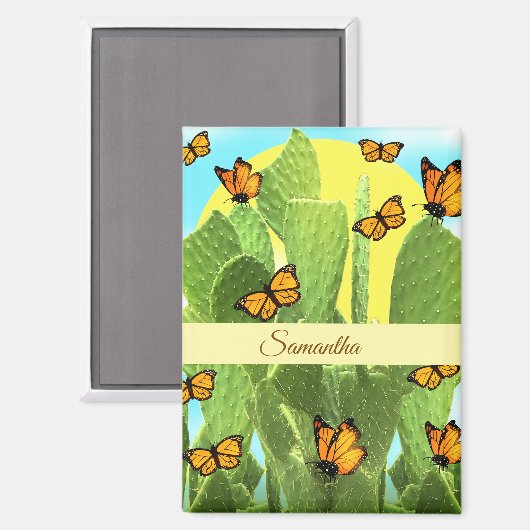Whimsical Cactus And Butterflies マグネット (正面/裏面)