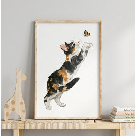 Whimsical Calico Cat & Butterfly Watercolor Art ポスター