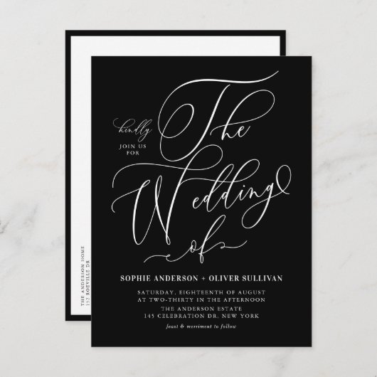 Whimsical Calligraphy Black Wedding QR Code インビテーションポストカード (正面/裏面)