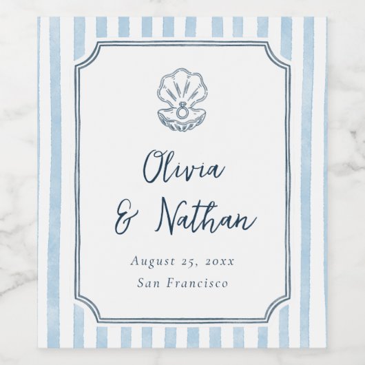 Whimsical Calligraphy Retro Blue Stripes Wedding ワインラベル (シングルラベル)