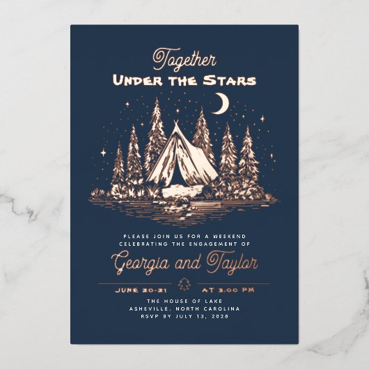 Whimsical Camping Under the Stars Engagement Party 箔招待状 (正面)