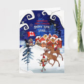Whimsical Canadian Village & Moose New Year シーズンカード (正面)