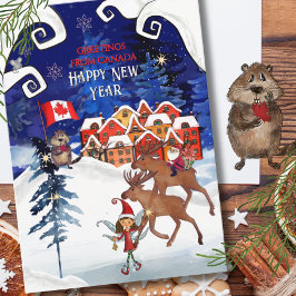 Whimsical Canadian Village & Moose New Year シーズンカード