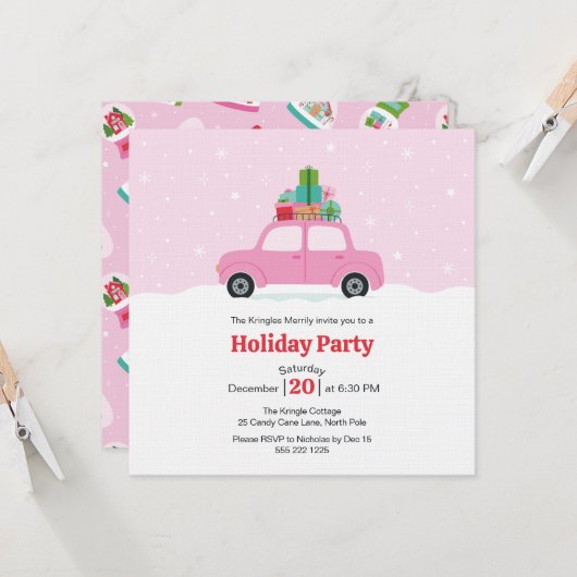 Whimsical Car with Christmas Gifts in Pink 招待状 (正面/裏面インサイチュ)