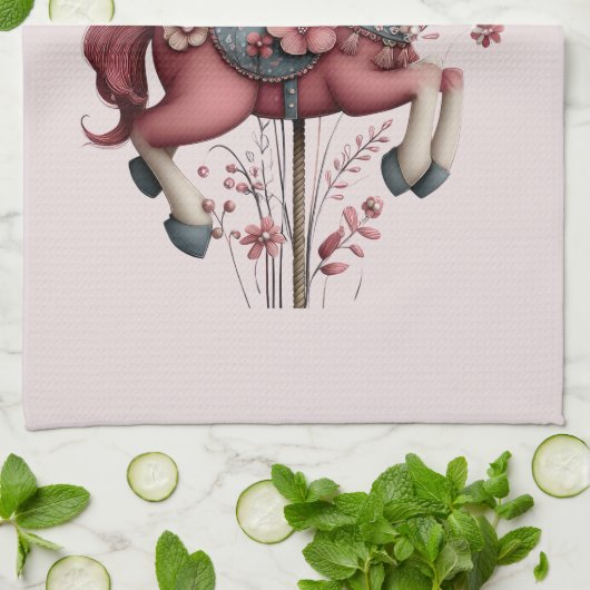 Whimsical Carousel Horse Image キッチンタオル (折り畳み)