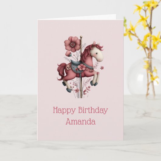Whimsical Carousel Horse Image Birthday カード (黄色い花)