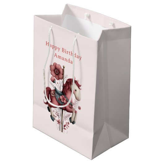 Whimsical Carousel Horse Image Birthday ミディアムペーパーバッグ (裏面アングル)