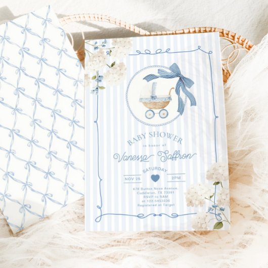 Whimsical Carriage French nursery Blue Baby shower 招待状