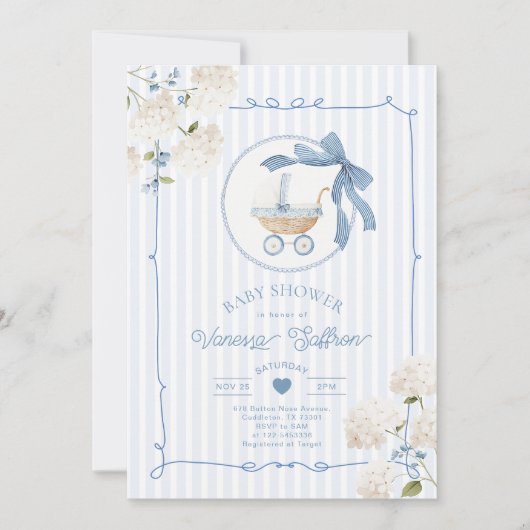 Whimsical Carriage French nursery Blue Baby shower 招待状 (正面)