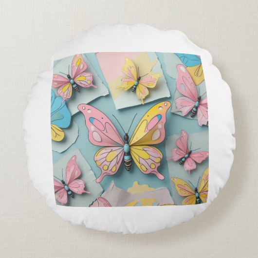 🦋 Whimsical Cartoon Butterfly Pillow – Cute Natur ラウンドクッション (正面)