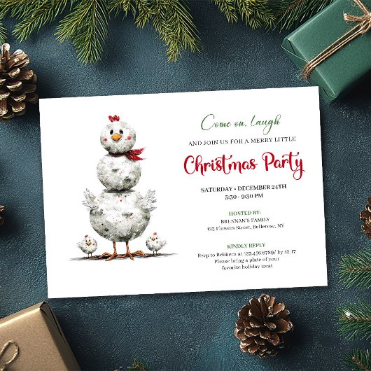 Whimsical Cartoon Chickens Holiday Party Invites 招待状