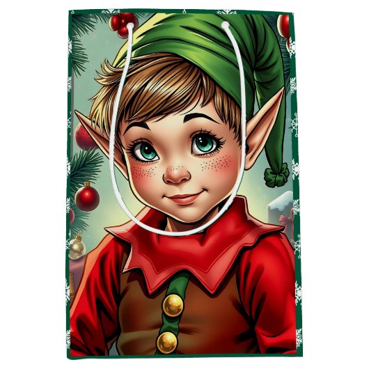 Whimsical Cartoon Elf | Christmas ミディアムペーパーバッグ (正面)