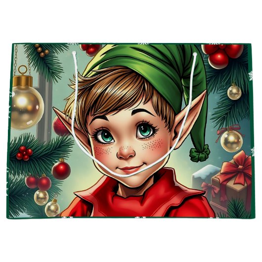 Whimsical Cartoon Elf | Christmas ラージペーパーバッグ (正面)