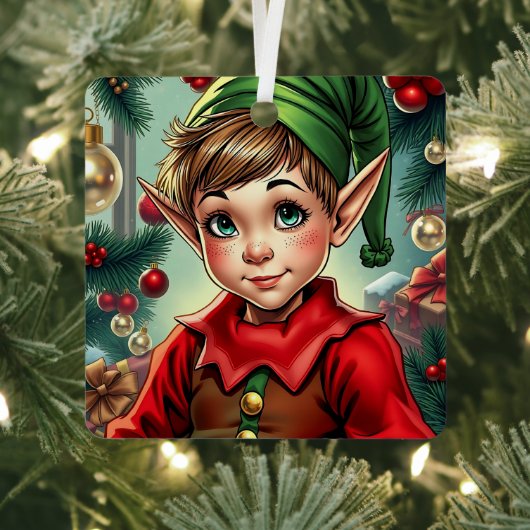 Whimsical Cartoon Elf | Personalized Christmas メタルオーナメント (インサイチュ)