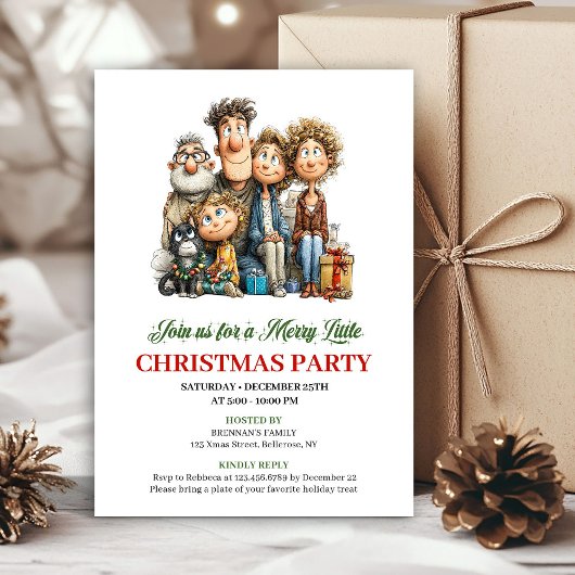Whimsical Cartoon Family Red Green Holiday Invite 招待状